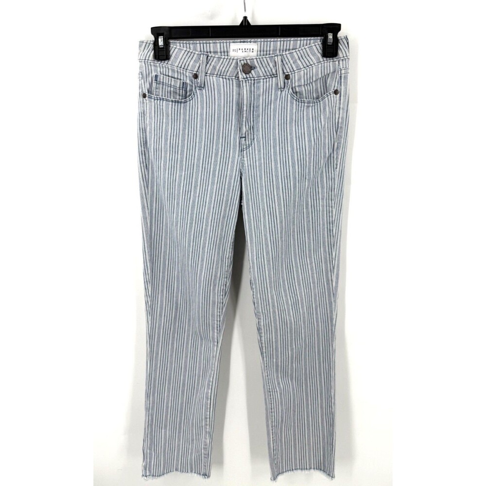 Parker Smith Womens Conductor Striped Raw Hem Jeans Size 29 Blue White